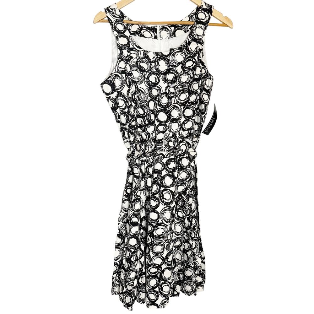 R&M Richards Black White Sketch Geometric Circle Print Tie Belt A-Line Dress 12P